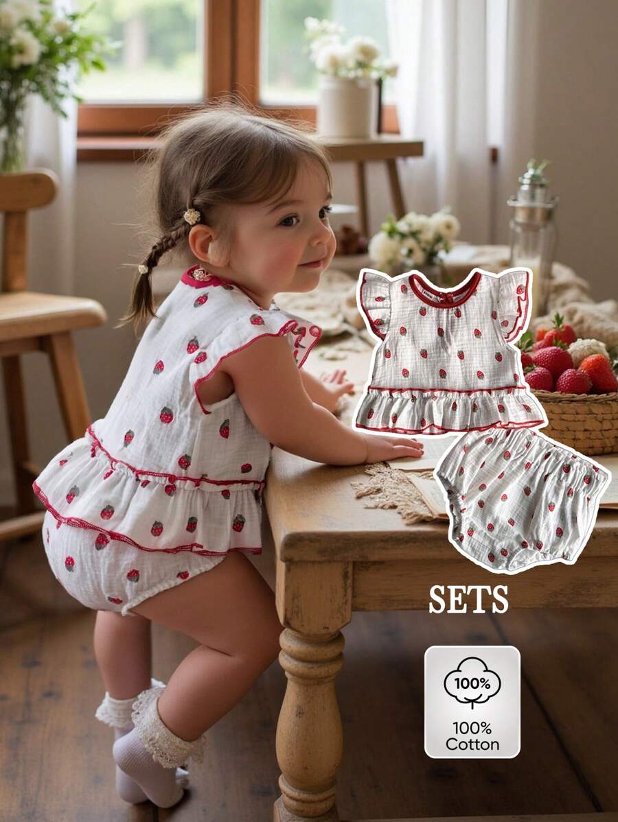 Vintaside Kids Baby Girl Summer Round Neck Drip Buckle Small Cap Sleeve Strawberry Print Top Paired With Fashionable And Cute Strawberry Print Bottoms Set - White - View 1