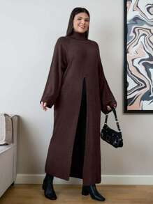EURMUSE Plus Size Women's Solid Color High Neck Raglan Sleeve Split Hem Long Sweater - Brown - View 3