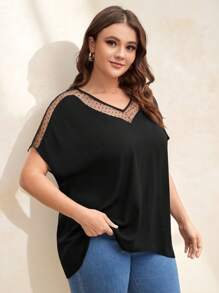 SHEIN Clasi Plus Contrast Dobby Mesh Dolman Sleeve Blouse - Black - View 5