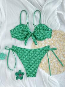 Swim Mod 2pcs/Set Women's Fashion New Random Printed Padded Triangle Bikini Summer Beach Swimsuit - Green - View 3