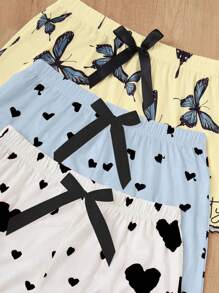 SHEIN 3件套爱心蝴蝶结印花吊带短裤睡衣套装 - 彩色 - 查看 3
