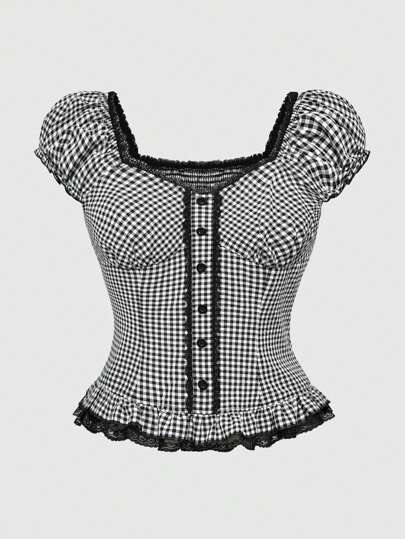 Kawaii Spring & Summer Vacation Casual Plaid Shirt With Ruffled Hem And Puff Sleeves For Women, Waist Cinched