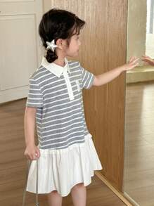 SHEIN Little Byeori 少女灰色条纹休闲短袖连衣裙，带荷叶边领口和下摆 - 彩色 - 查看 6