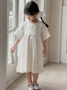 DAZY Kleine Mädchen Rundhals Kleid mit strukturiertem Blume Muster in Midi-Länge, geeignet für Geburtstagsparty - Aprikosenfarben - Übersicht 7