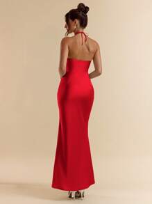 SHEIN BAE 春夏绿色性感细肩带无袖碎花加长缎面鱼尾连衣裙，婚礼伴娘服，缎面连衣裙，性感连衣裙 - 紅色 - 查看 2