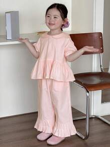 DAZY Young Girl (Small) Cute Peter Pan Collar Puff Sleeve Shirt + Mid-Length Flared Hem Relaxed Casual Pants 2-Piece Set, Summer - Pink - View 5