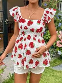SHEIN Maternity Summer Full Print Strawberry Graphic Ruffle Collar Blouse - Red and White - View 5