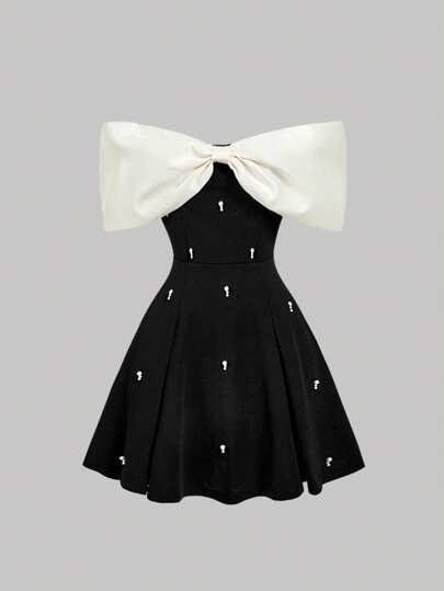 SHEIN MOD 1 st svart miniklänning med bar axel och champagnefärgade pärldetaljer