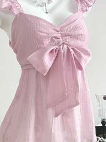 Breezaya 甜美性感女士蝴蝶结盖袖衬衫，采用网眼雪纺面料制成，娃娃装上衣 - 粉色 - 查看 4