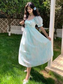 DAZY Đầm maxi tay phồng in hoa cổ tàu dành cho nữ cỡ lớn - Màu xanh lam - Xem 4