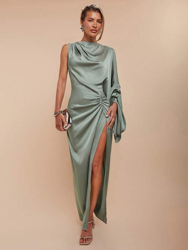 COSMINA Women's Romantic Solid Color High Slit Pleated Asymmetrical Neck Dress, Perfect For Party Wear