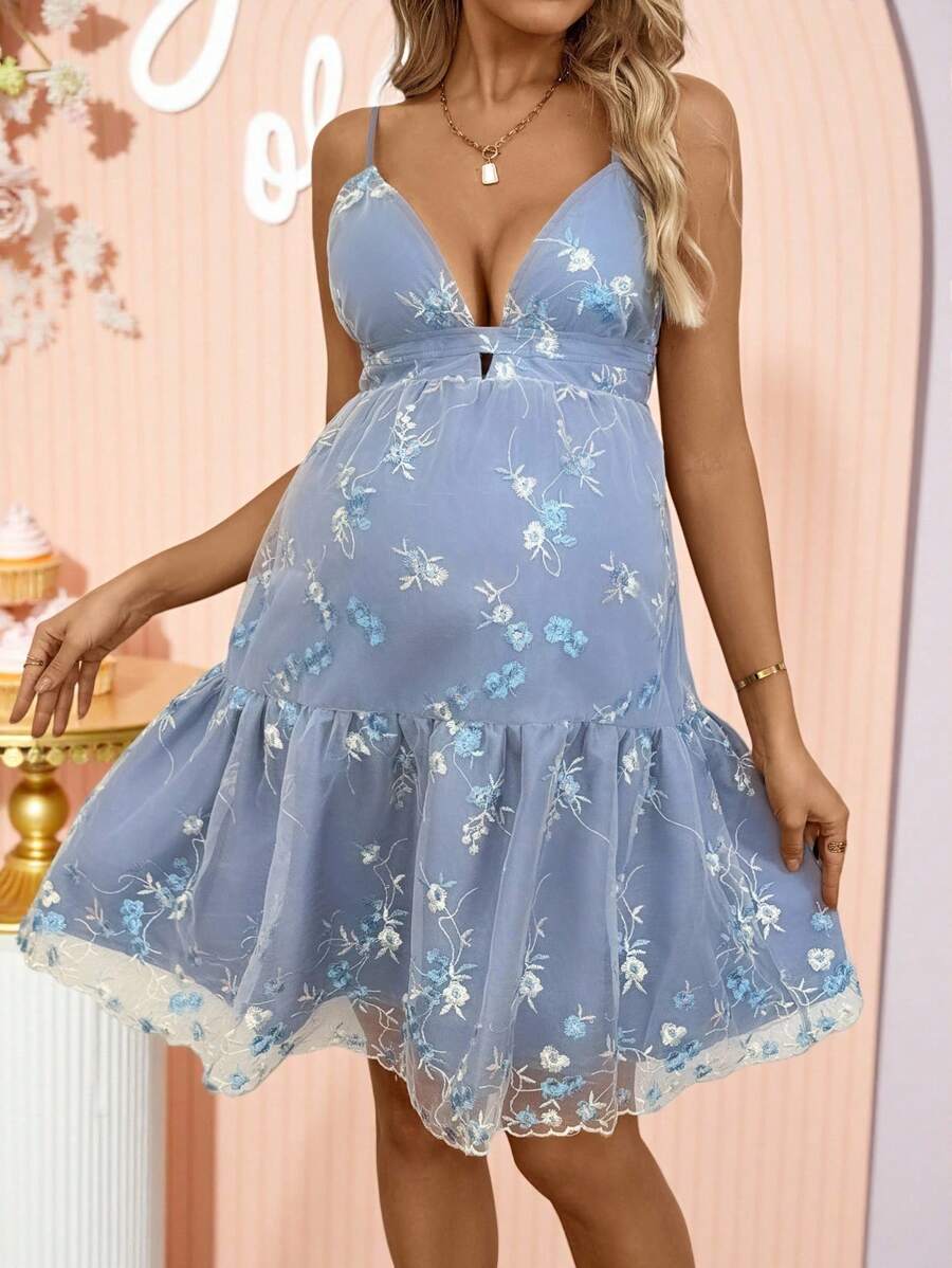 Loomaby Pregnant Women Floral Embroidery Mesh Ruffle Hem Cami Dress Maternity Dress - Multicolor - View 1