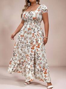 SHEIN VCAY 大码波西米亚风满版花卉印花荷叶边下摆开叉连衣裙 - 彩色 - 查看 3