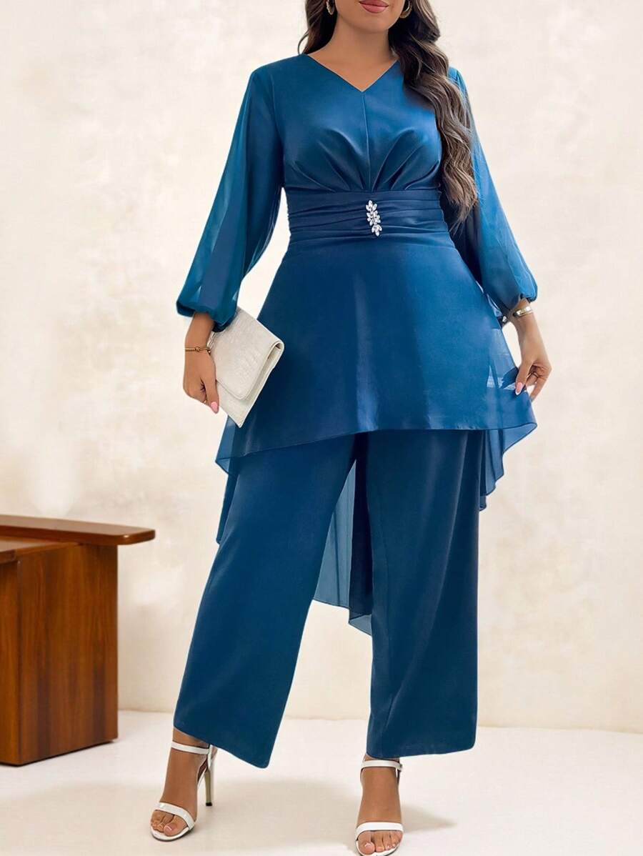 SHEIN Clasi Bộ 2 món cỡ lớn, trang trí đá giả màu trơn tay áo đèn lồng cao thấp & quần ống rộng cho nữ cỡ lớn, váy trang trọng cho nữ - Màu xanh hải quân - Xem 1