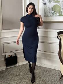 Dazy Plus Stretch Solid Color Stand Collar Short Sleeve Wrap Split Long Dress, Summer