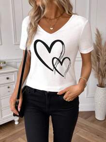 SHEIN Camiseta Feminina Casual de Manga Curta com Decote em V, Patch de Coração e Barra de Renda - Branco - Visão 4