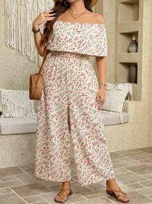 SHEIN LUNE 大码露肩碎花休闲宽松女式连体裤，夏季 - 白色 - 查看 1