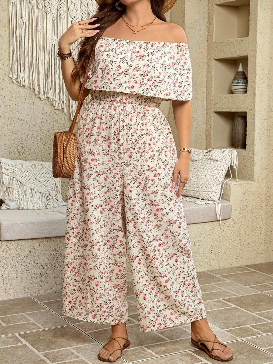 SHEIN LUNE 大码露肩碎花休闲宽松女式连体裤，夏季 - 白色 - 查看 1