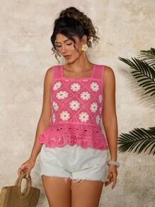 Travachic 大码女式雏菊图案镂空无袖针织上衣 - 粉色 - 查看 3