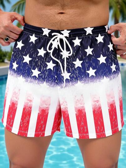Manfinity Joysei Pantalones cortos de playa para hombres con estampado digital de contraste de color degradado y elementos de la bandera nacional, de moda casual y apropiados para verano, playa, vacaciones en la ciudad, citas, fiestas y otras ocasiones. Artículo esencial para combinar, adecuado para parejas a juego y como regalo para el novio.