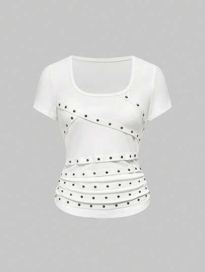 J-Fashion Damen Punk-Stil sexy Nieten Tiefer Ausschnitt Rückenfreies schwarzes T-Shirt, geeignet für Sommer Strand, Abschlussfeier, Ostern, Musikkonzerte, Nashville, Festivals