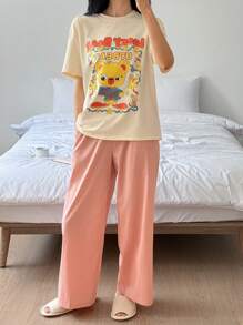 DAZY Conjunto de pijama para mujer con Top de camiseta holgada con estampado de dibujos animados lindos y pantalones de unicolor