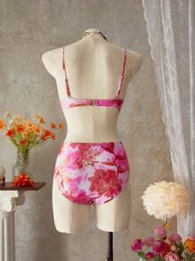 Swim Oasis 3件組女款印花泳衣套裝：細肩帶托高胸罩上衣、高腰泳褲、抓皺長袖罩衫，適合夏季海灘度假 - 彩色 - 查看 7