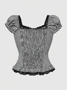 ROMWE Kawaii Áo sơ mi kẻ caro giản dị cho kỳ nghỉ xuân và hè có viền nhún bèo và tay bồng dành cho nữ, thắt eo - Đen và trắng - Xem 2