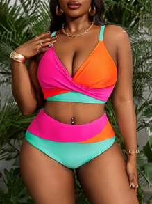 Slaydiva 2 piezas Conjunto de traje de baño de mujer talla grande con top de escote en V a contraste y Bottom de natación de cintura alta con parche, para playa y vacaciones de verano - Multicolor - Ver 3