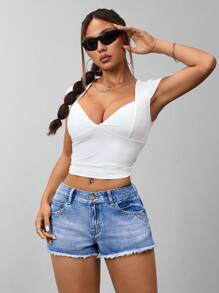 SHEIN ICON Shorts vaqueros de mujer con botones y bordes deshilachados, de estilo casual y veraniego