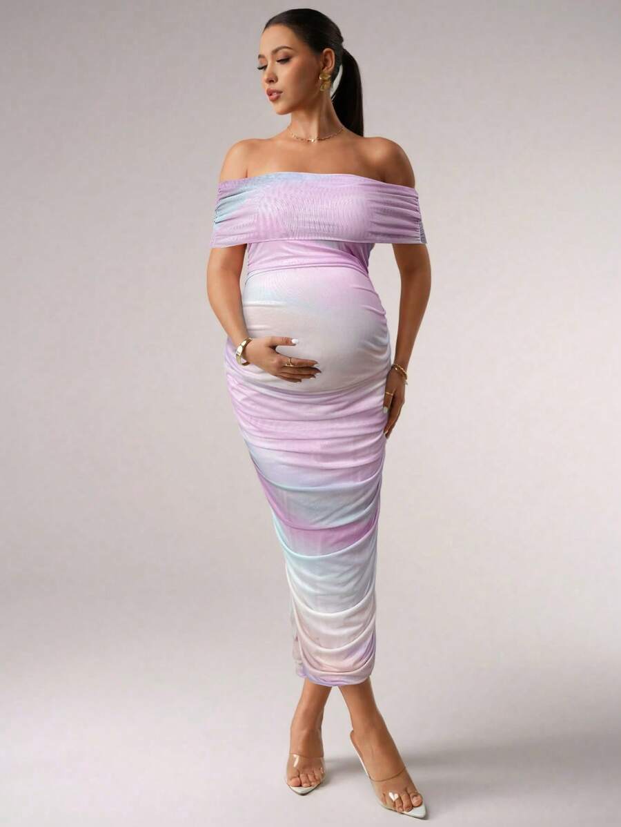 MaterniChic Off Shoulder Fitted Ombre Ruched Maternity Summer Dress - Pink - View 1
