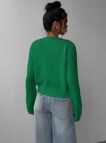 SHEIN BASICS Áo len cardigan dáng rộng cổ tròn màu trơn đơn giản cho nữ, tay dài - màu xanh lá - Xem 2