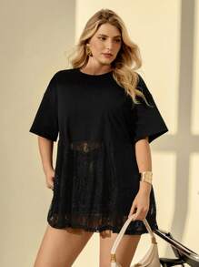 Auralis Camiseta casual de talla grande para mujer con cuello redondo, manga corta y dobladillo de encaje con contraste