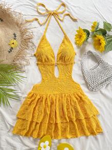 Soleia Women's Yellow Summer Boho Holiday Vacation Textured Deep V-Neck Backless Tied Bow Ruffle Hem Mini Dress, Beach Sundress For Party&Wedding Season - Yellow - View 7