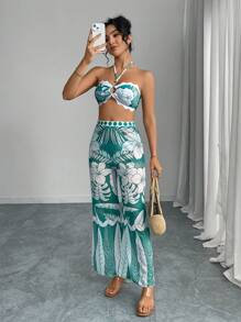 Elenzga Set de 3 piezas Traje de baño de mujer con Top estilo halter tipo bandeau con estampado floral y pantalón de playa, color aleatorio, para vacaciones de verano