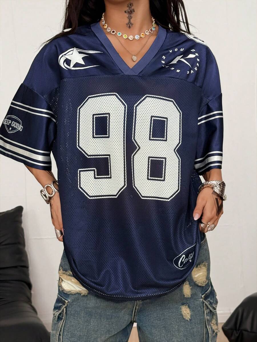Coolane 女士春夏节日外出街头服饰复古透气网眼数字图案棒球服红色球衣 - 藏蓝色 - 查看 1