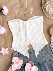 SHEIN Teen Girls Valentine's Resort Style Mustard White Textured Tube Top With Front Twist, Frill Trim Fitted Blouse. Suitable For Afternoon Tea, Streetwear, Vacation, Layering Or Party Wear, Autumn/Winter/Cute/Vacation