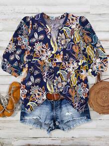 SHEIN LUNE Plus Size Women's Cashew Flower Pattern Short Sleeve Blouse, Round Neck Ruffle Loose Top, Spring/Summer - Multicolor - View 1