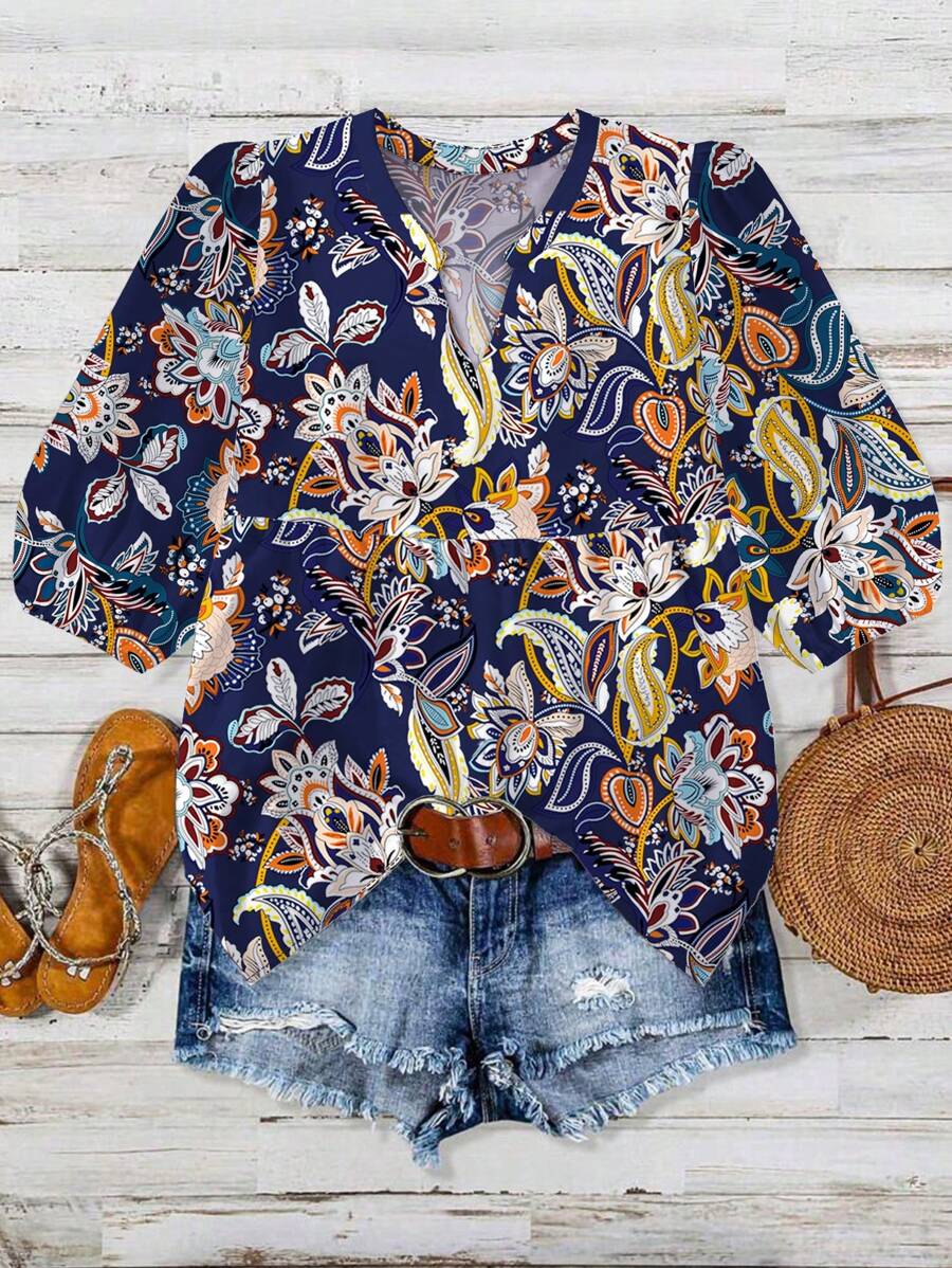 SHEIN LUNE Plus Size Women's Cashew Flower Pattern Short Sleeve Blouse, Round Neck Ruffle Loose Top, Spring/Summer - Multicolor - View 1