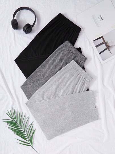 SHEIN 3pcs Set Solid Color Elastic Waist Straight Leg Cozy Pants, Knitted Sleepwear Bottoms, Plus Size, Fall Winter Clothes