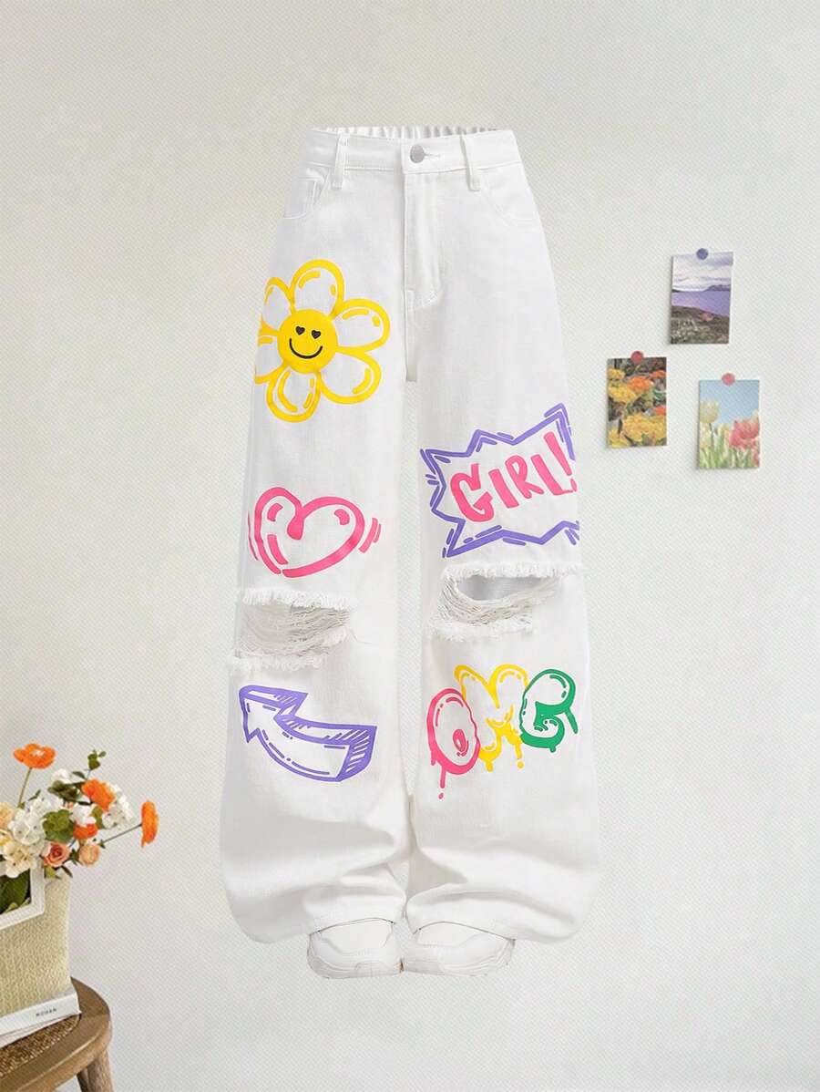 SHEIN Tween Girl Graffiti Distressed Ripped Snowflake Wide-Leg Jeans , Loose & Cute Straight Leg Pants - White - View 1