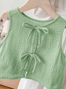 SHEIN LMoss Kids Top sin espalda con lazo y tejido texturizado con detalles informales y de corte evasé para niña joven, para primavera y verano