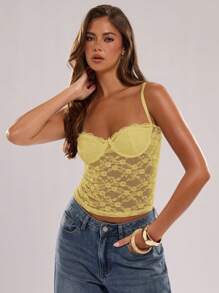 SHEIN BAE Lace Strap Padded Sexy Cami Yellow Top, Suitable For Music Festival, Party, Street Style And Daily Wear - Yellow - View 5