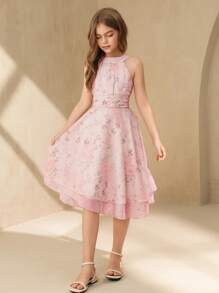 SHEIN 女孩优雅奢华美丽的绿色无袖中长连衣裙，适合节日、婚礼、花童、节日、表演、舞会、派对、生日等场合 - 玫紅色 - 查看 4