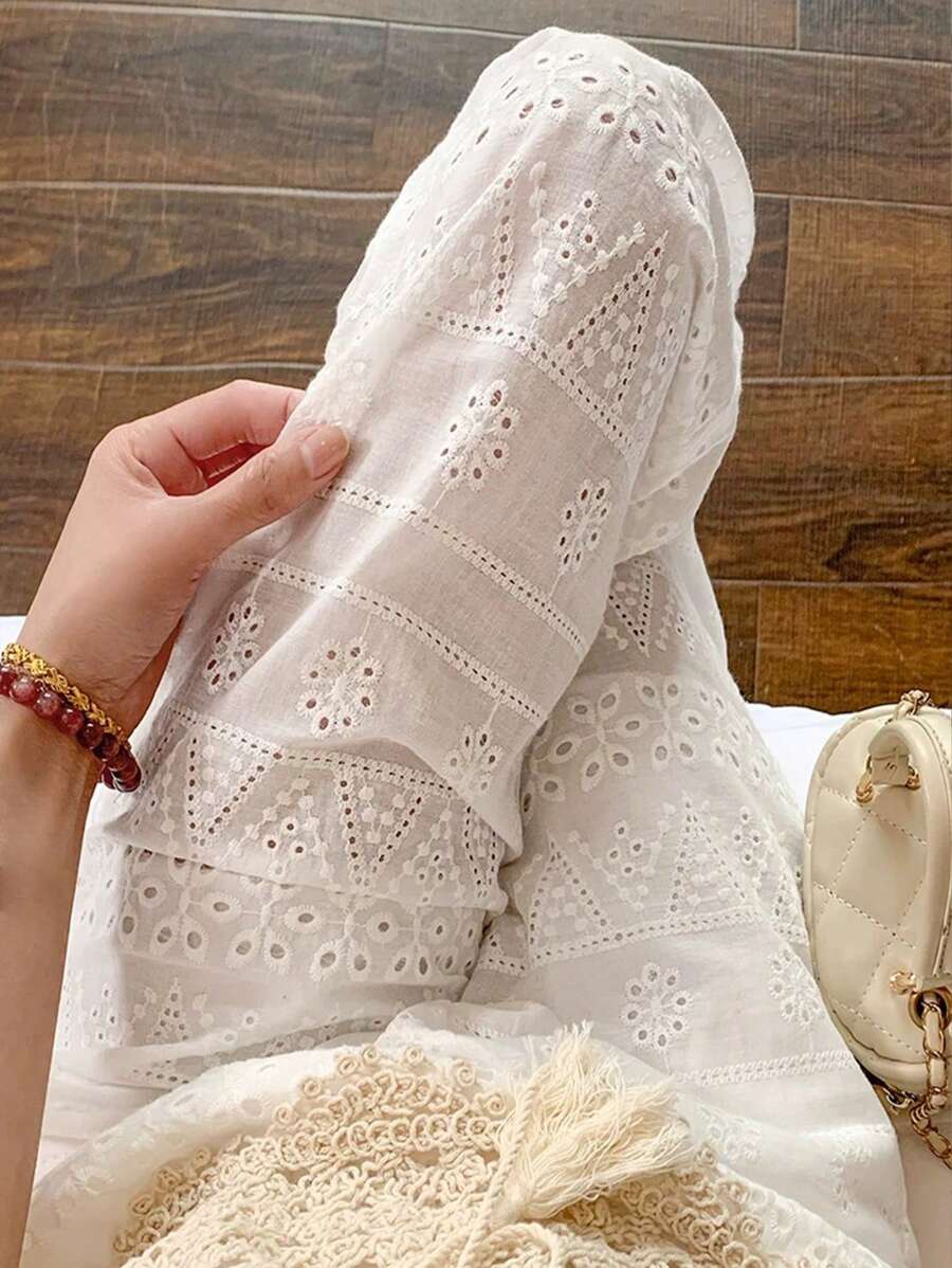 INAWLY Lace Hollow Out Embroidered Solid Color Sweet Vacation Pants Fall Cloth For Women - White - View 1