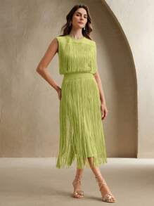 Anewsta 沙漠女神流苏波西米亚风格修身长裙，适合节日和音乐节 - 酪梨綠 - 查看 4