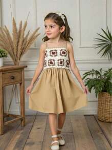 Vintaside Kids Young Girl Spring New Khaki Color Strap Dress, Simple Solid Color Design, Loose Fit, Suitable For Outdoor Play, Home Leisure, School Activities And Family Gatherings