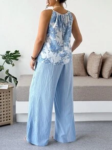 Breezaya Conjunto informal de 2 piezas para mujer de talla grande: blusa sin mangas con estampado en el cuello y pantalones largos de unicolor