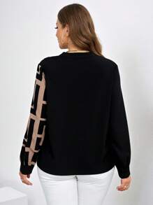 Chikora Damen Große Größen Bluse mit geometrischem Muster, V-Ausschnitt und Langarm, elegantes Büro Design für Frühling und Sommer - Schwarz - Übersicht 2