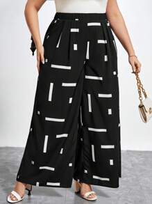 SHEIN Clasi Plus Size Vacation Leisure Wide Leg Plant Boho Printed Pants - Black and White - View 3